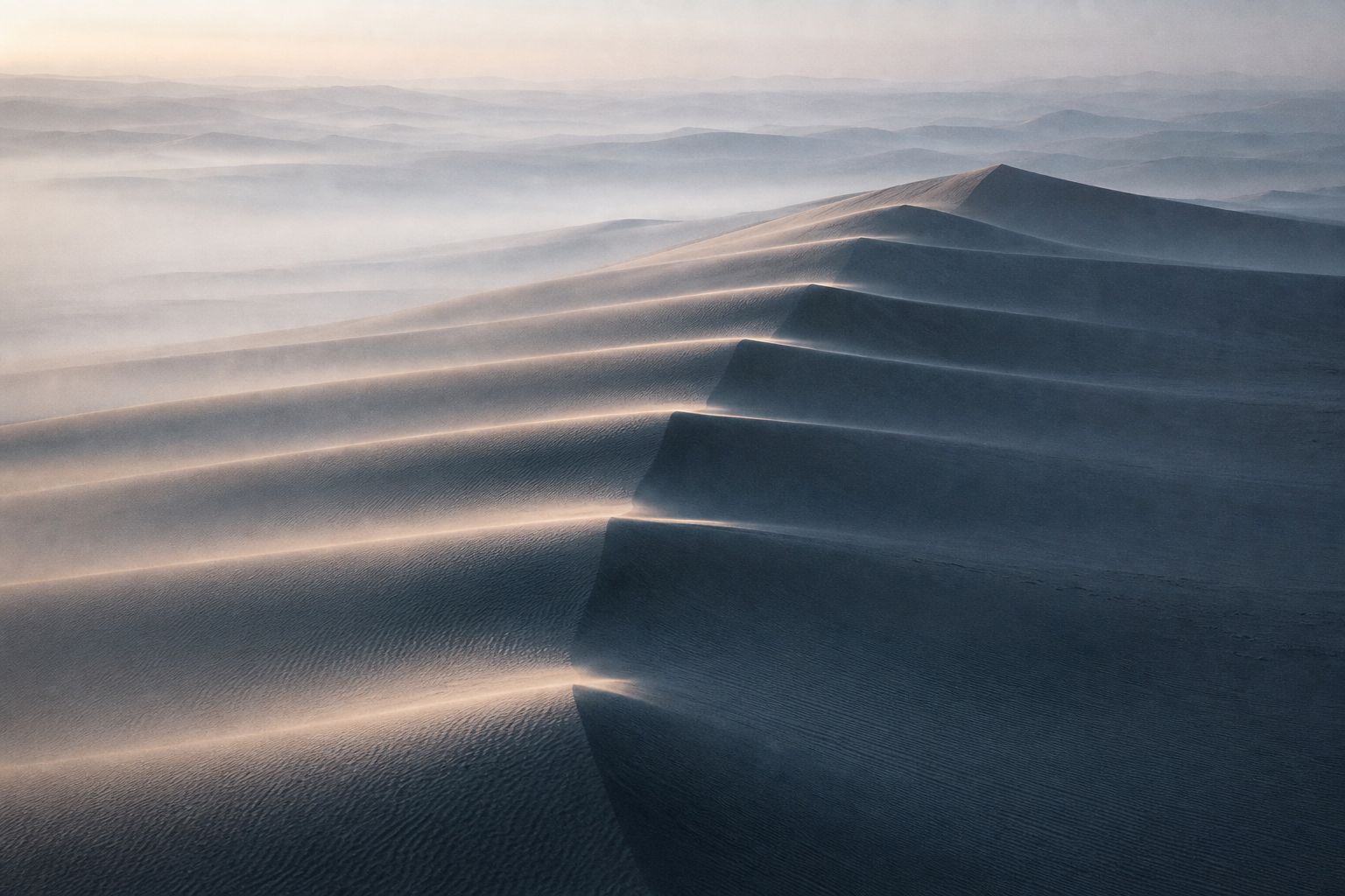 Stepped sand dune ridgelines descending like a staircase in cool morning fog